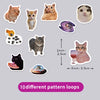 A collection of cartoon cat reward stickers featuring various cats and purple accents, with size comparisons shown.