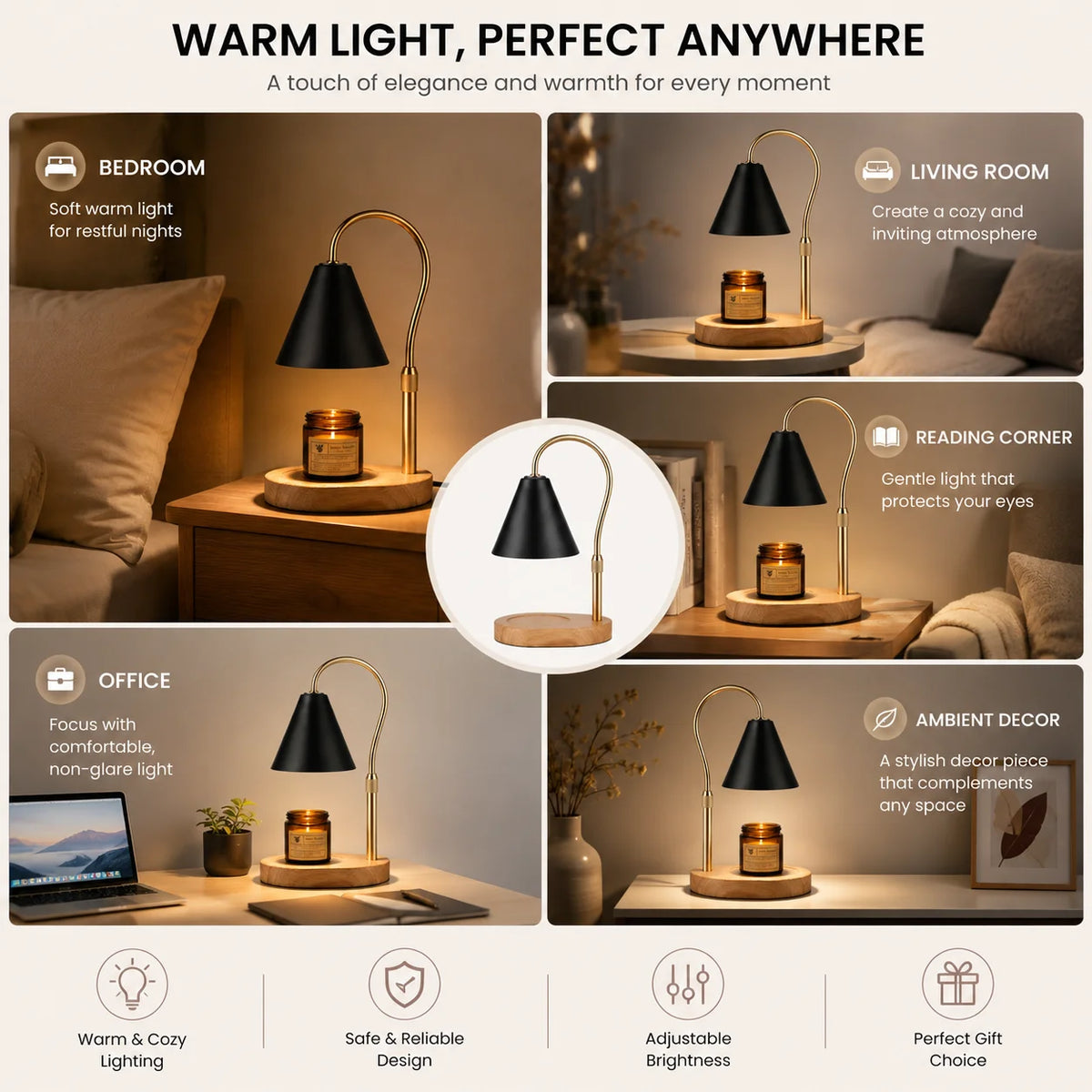 A set of adjustable flameless candle warmer lamps with wooden bases shown in various indoor settings.