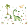 Watercolor illustration of various green and pink nature elements including a dinosaur, palm tree, cacti, leaves, and butterf