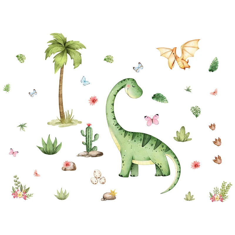 Watercolor illustration of various green and pink nature elements including a dinosaur, palm tree, cacti, leaves, and butterf