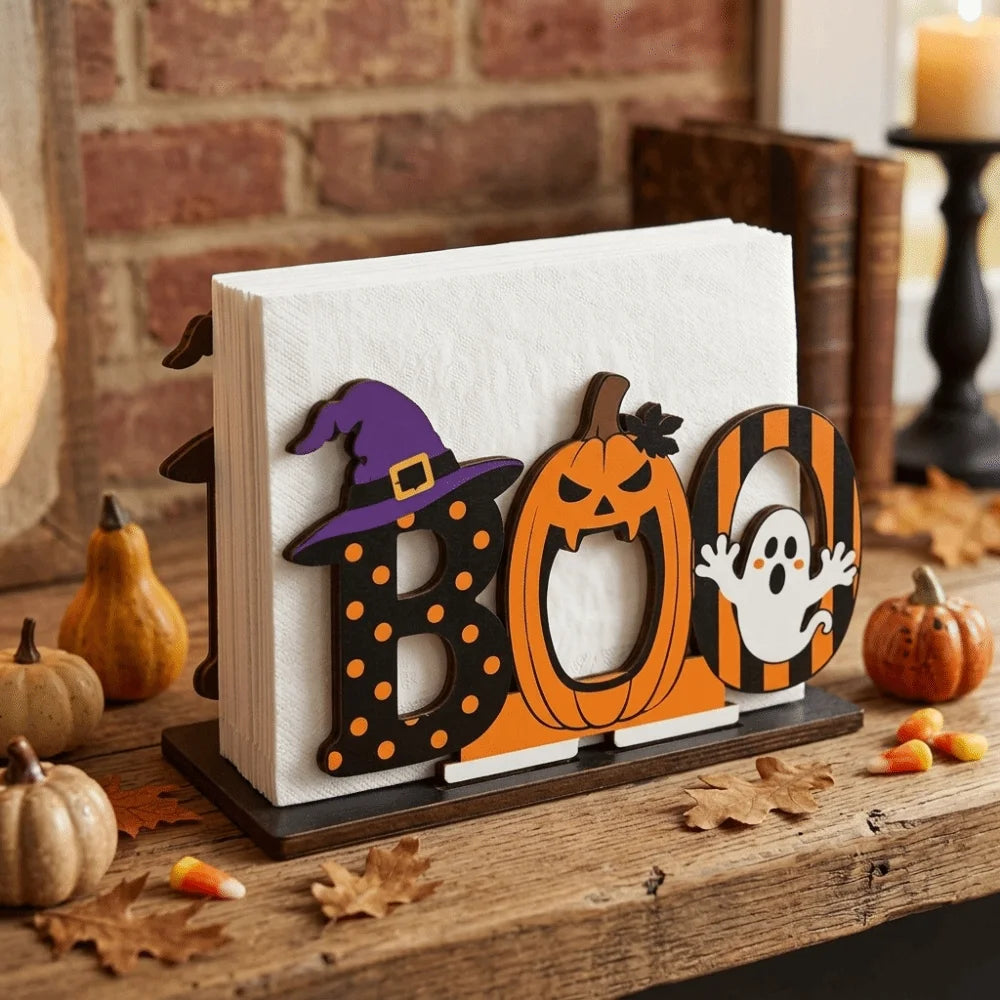 A wooden tissue dispenser shaped like the letter B with a ghost pattern, displayed on a rustic wooden surface.