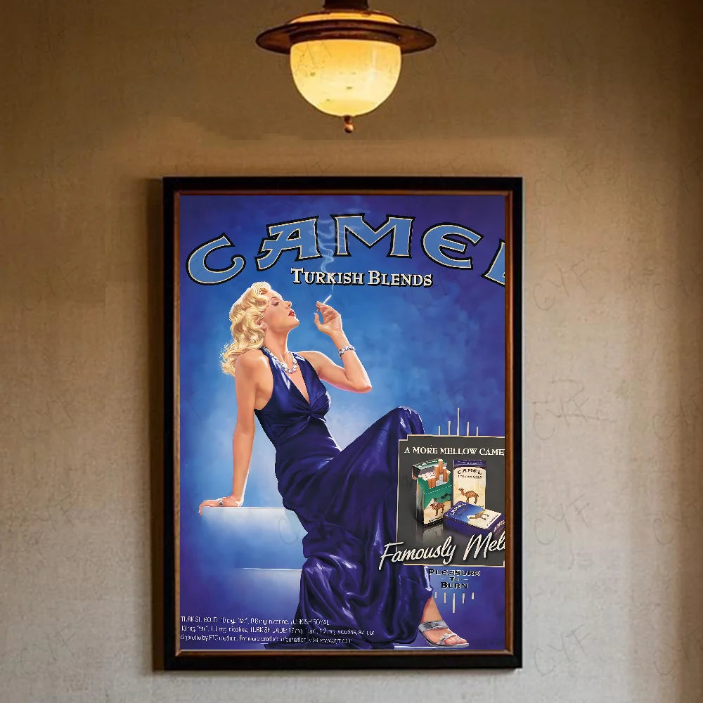 Vintage poster featuring a woman in a purple dress against a blue background with the text Camel Turkish Blends.