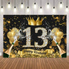 A gold and black birthday banner featuring the number 13, a crown, and gold confetti.