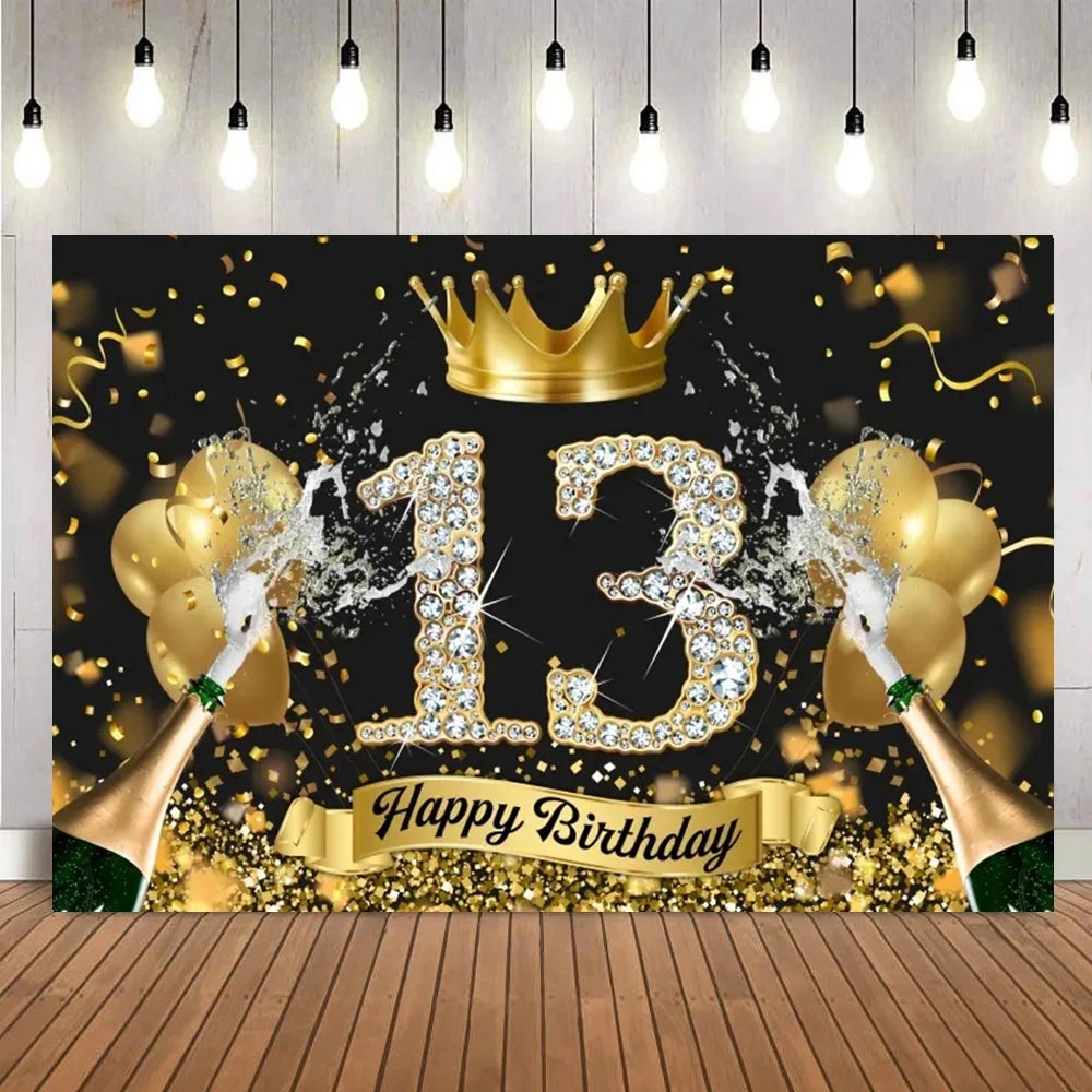 A gold and black birthday banner featuring the number 13, a crown, and gold confetti.