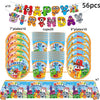 A set of 56 pieces of building block birthday party decorations including various character figures and a banner.