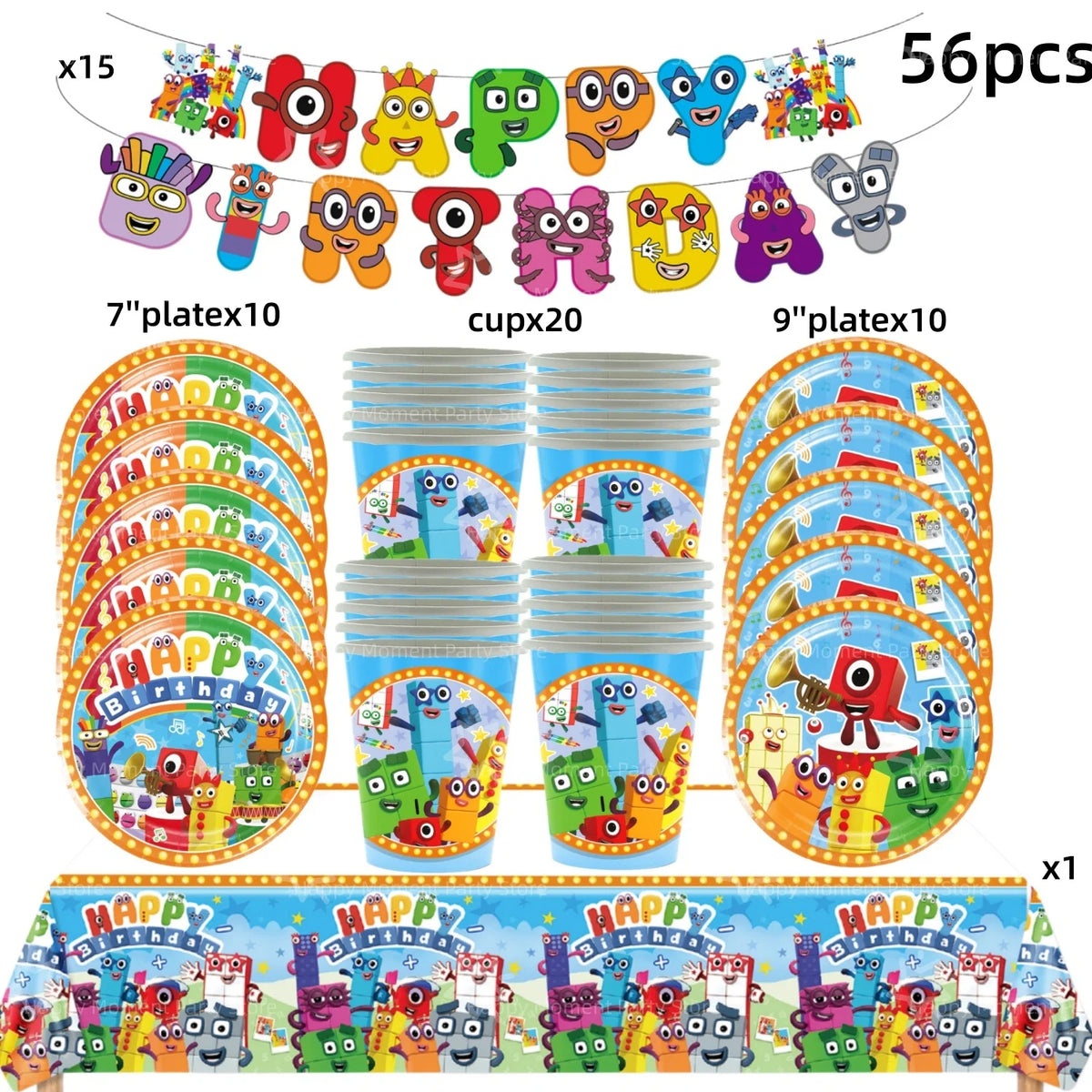 A set of 56 pieces of building block birthday party decorations including various character figures and a banner.