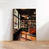 A painting depicting a dimly lit shop interior with shelves of records and hanging light fixtures.