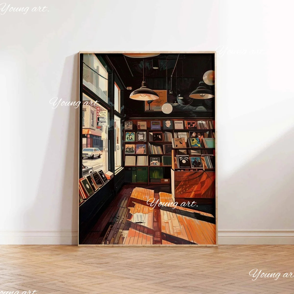 A painting depicting a dimly lit shop interior with shelves of records and hanging light fixtures.