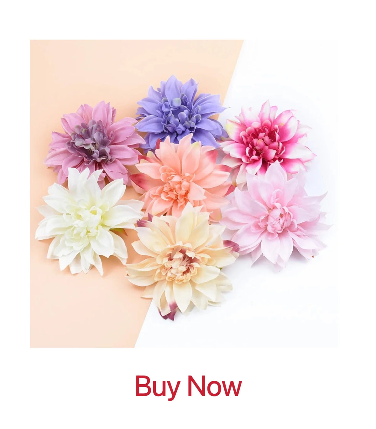 A collection of artificial flowers in shades of purple, pink, and peach arranged on a light background.