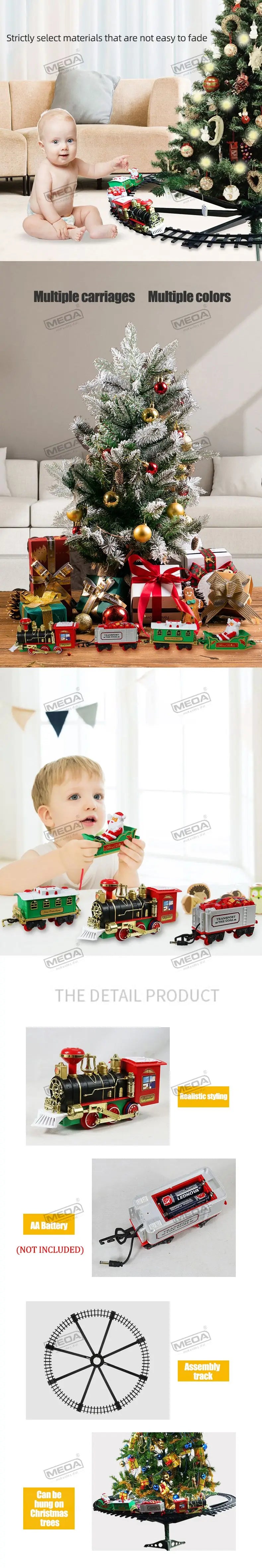 A battery-powered railway train toy with lights and sounds is shown next to its battery and assembly track.
