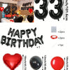 A set of red and black foil number balloons, heart balloons, and letter balloons for birthday decorations.