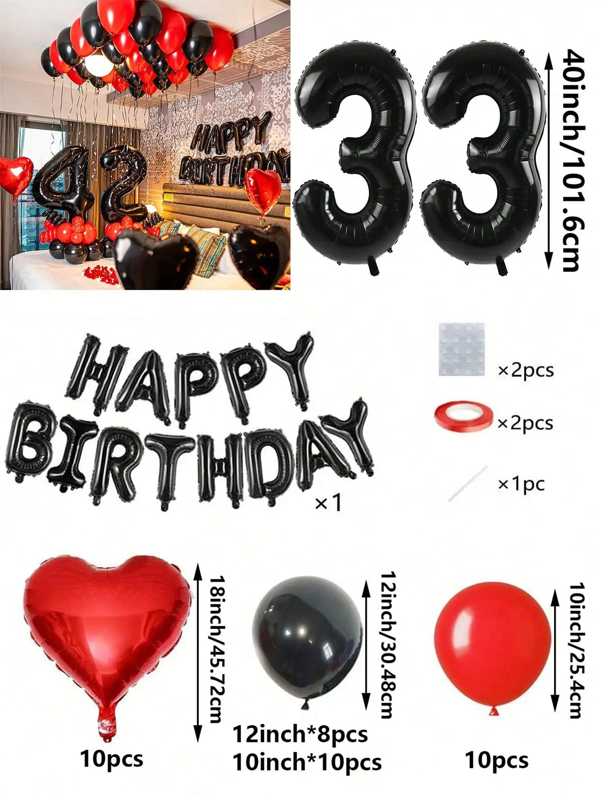 A set of red and black foil number balloons, heart balloons, and letter balloons for birthday decorations.