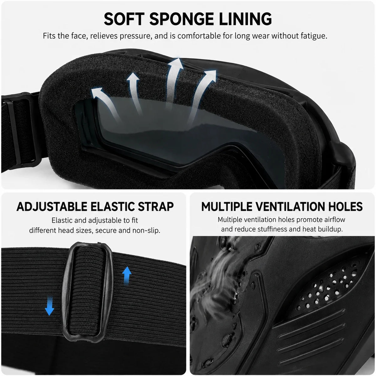 Close-up view of black offroad full face skull riding goggles showing soft sponge lining, adjustable elastic strap, and multi