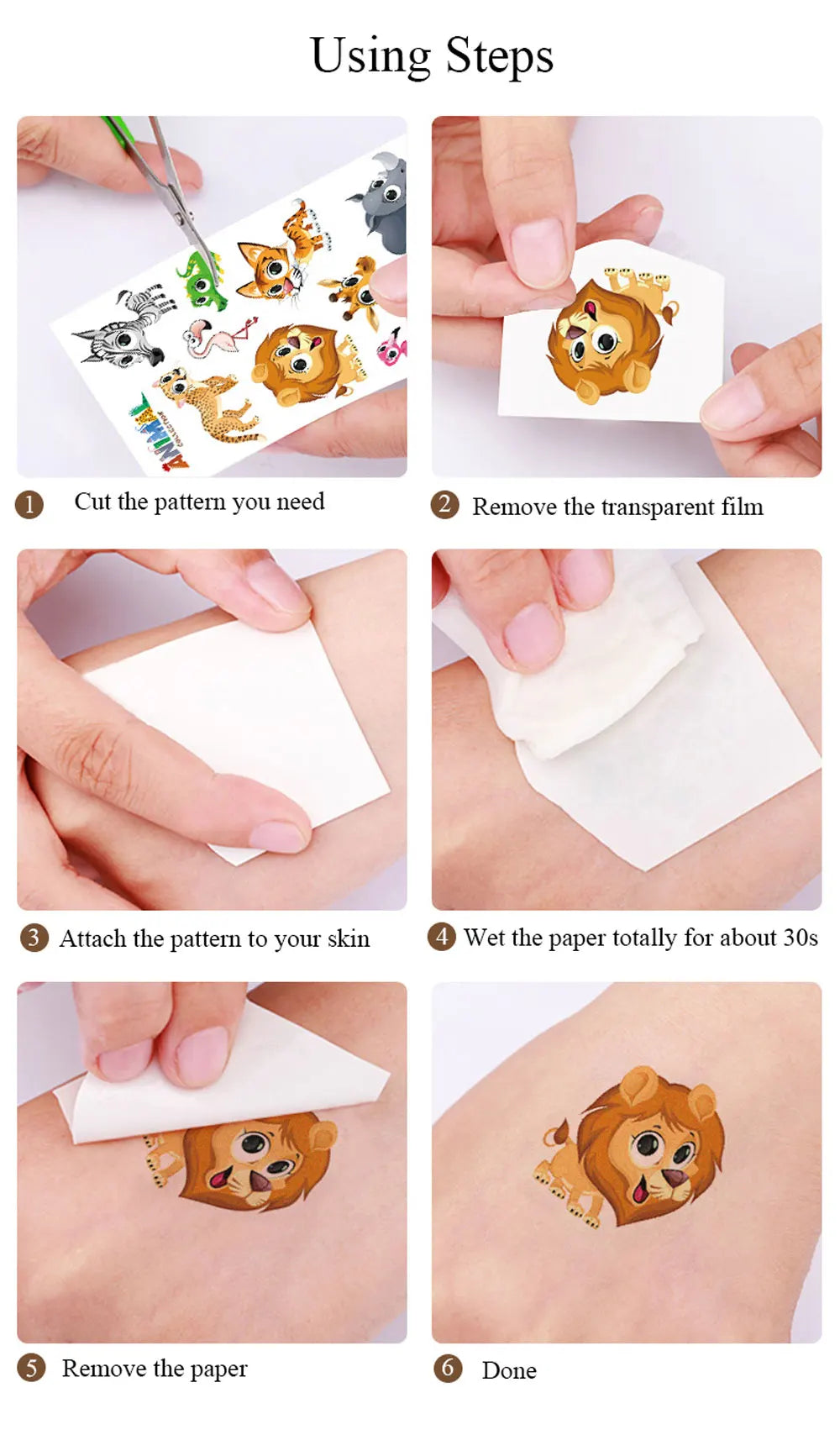 Six steps demonstrating how to apply and remove realistic black butterfly temporary tattoos on the skin.