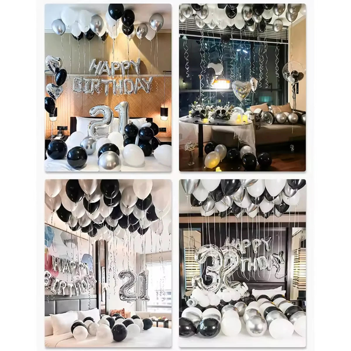Black and white balloon party decor set featuring a silver banner for birthday celebrations.