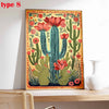 A vertical poster featuring colorful vintage cactus and floral art in shades of green, pink, and orange.