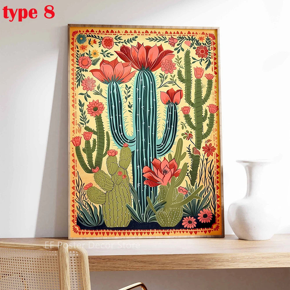 A vertical poster featuring colorful vintage cactus and floral art in shades of green, pink, and orange.