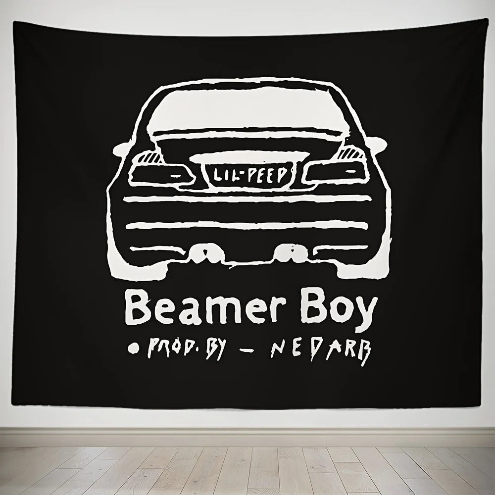 Tapisserie noire avec une silhouette blanche de voiture, le texte Beamer Boy et Prod par Nedarb