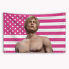 A banner featuring a pink and white striped flag with a distressed American flag design and a shirtless male torso.