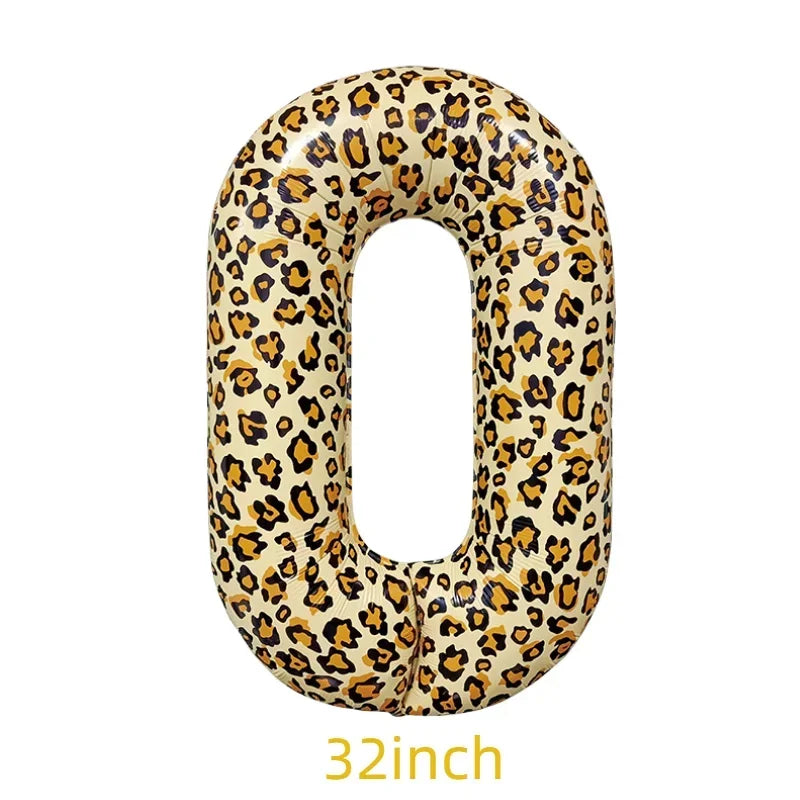 A large, oval number zero balloon covered in a leopard print pattern.