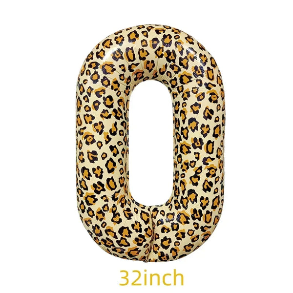A large, oval number zero balloon covered in a leopard print pattern.