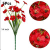 A bouquet of five artificial red violet flowers on a green stem, shown next to close-up details.