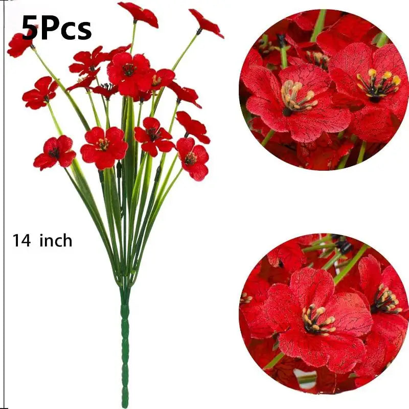 A bouquet of five artificial red violet flowers on a green stem, shown next to close-up details.