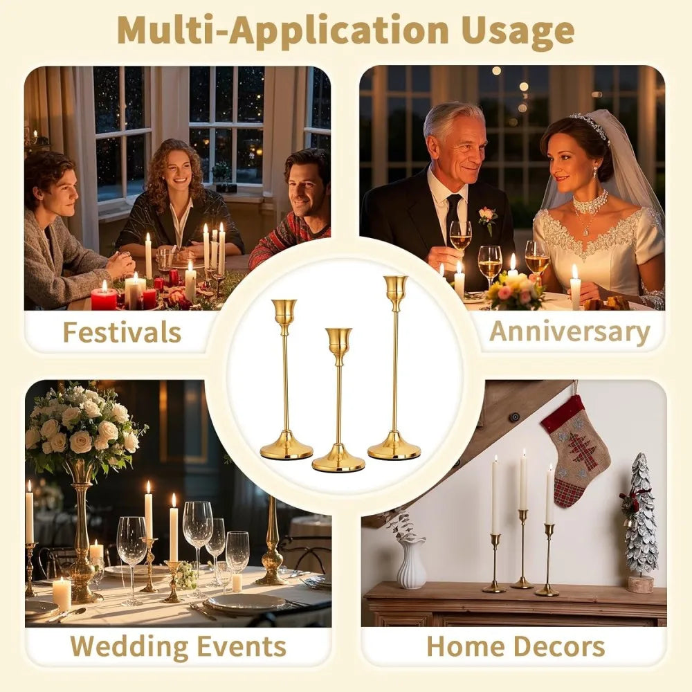 A set of three vintage European style metal candle holders displayed in various contexts like festivals, anniversaries, weddi