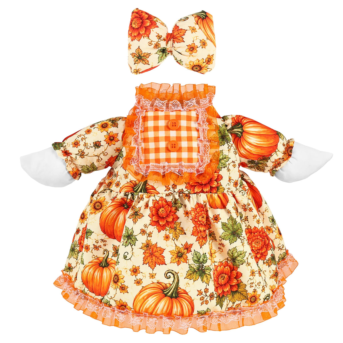 A yellow and orange floral dress for a goose featuring an orange plaid collar and matching bow