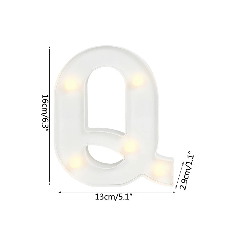 A white alphabet letter light shaped like the letter Q with warm white LED lights.