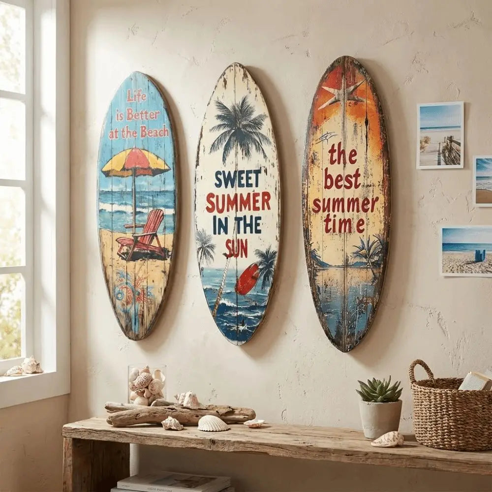 Three wooden surfboard wall art pieces featuring tropical scenes and text on a light gray wall.
