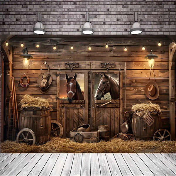 A rustic wooden barn door background featuring a saddle and horse silhouettes, illuminated by hanging lights.