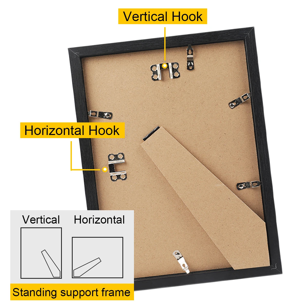A wooden photo canvas poster with a black frame showing examples of vertical and horizontal hooks for hanging
