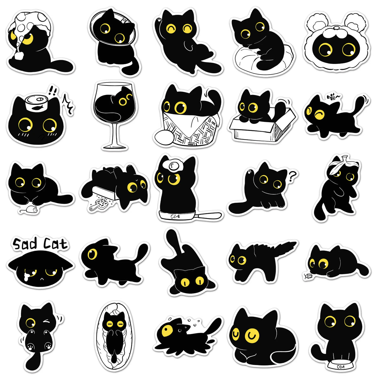 A collection of black cat stickers featuring various poses and expressions.