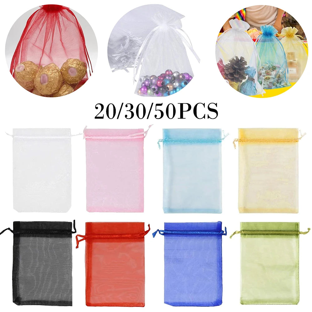 A collection of 20/30/50 pieces of elegant white, pink, blue, red, and gold drawstring organza bags for gifts