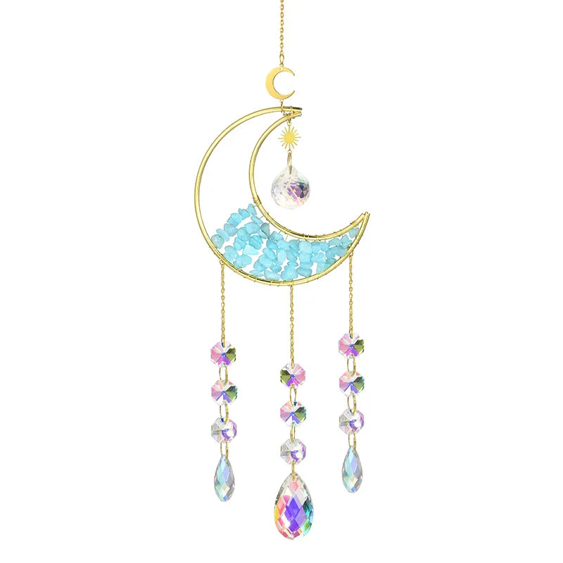 Gold moon suncatcher wind chime with prism accents featuring a crescent moon and hanging crystal beads