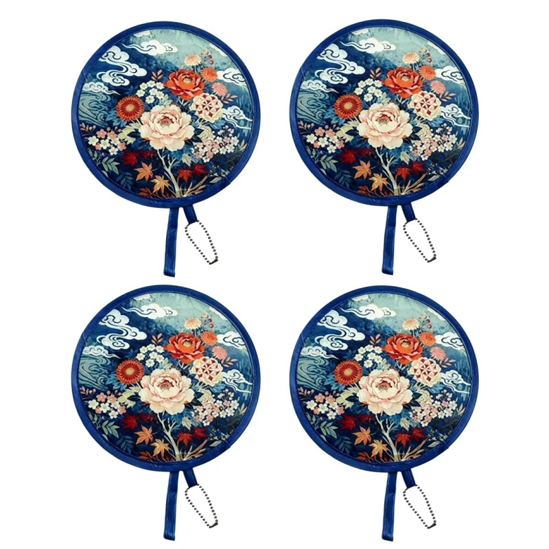 A set of four floral foldable pocket fans featuring blue and orange patterns on a dark background