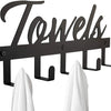 Black decorative metal wall-mounted towel rack with seven hooks.