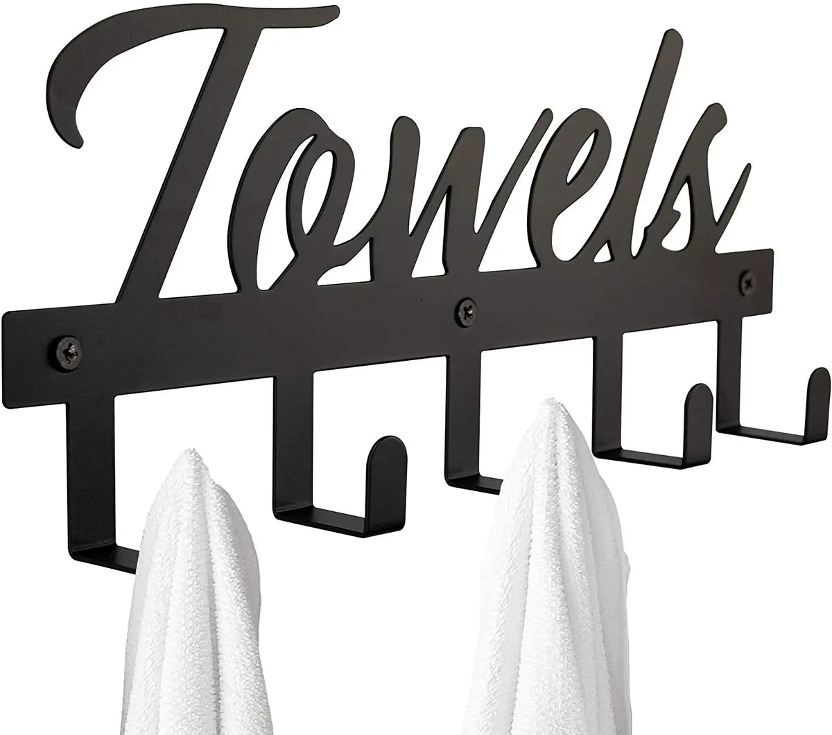 Black decorative metal wall-mounted towel rack with seven hooks.