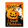 A cartoon illustration of a black cat looking at a white ghost against an orange Halloween background.