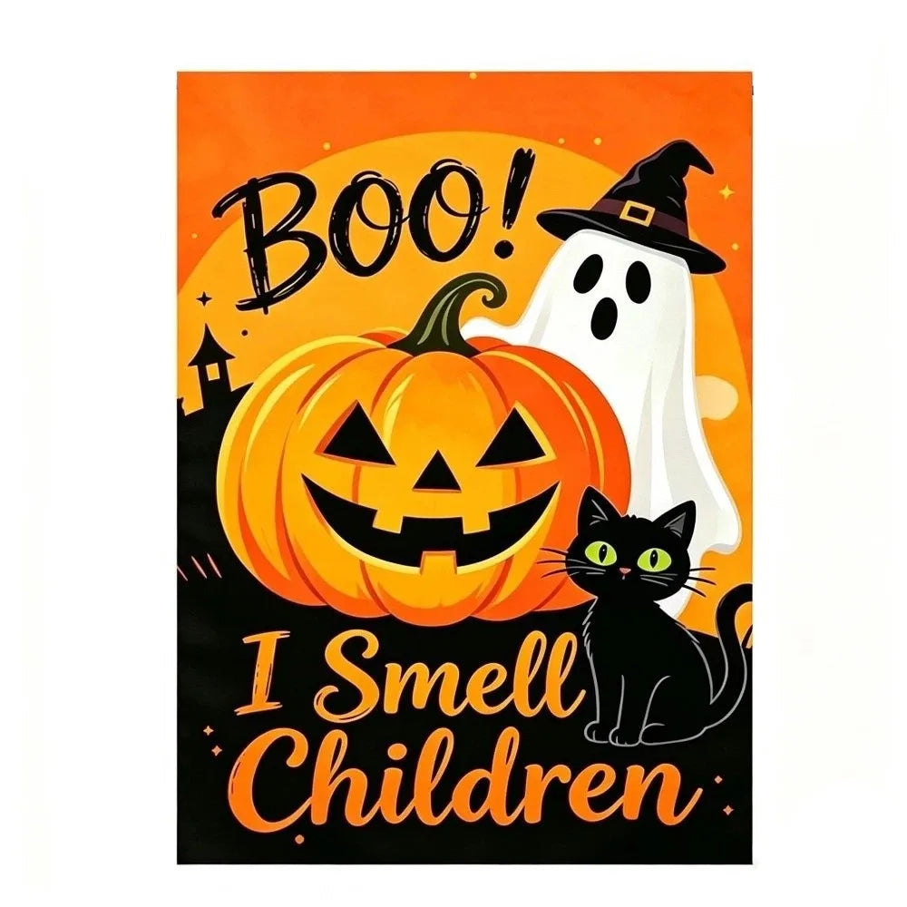 A cartoon illustration of a black cat looking at a white ghost against an orange Halloween background.