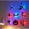 A set of Halloween 3D wall stickers featuring a spider, castle, bat, witch, pumpkin, and tree silhouette with LED night light