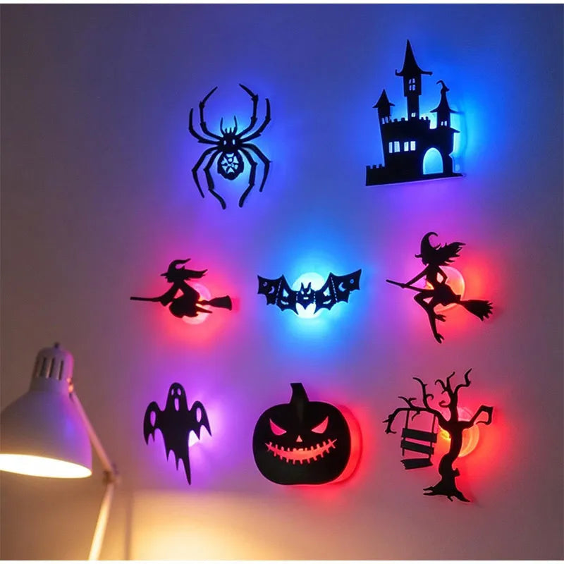 A set of Halloween 3D wall stickers featuring a spider, castle, bat, witch, pumpkin, and tree silhouette with LED night light