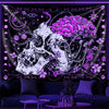 A dark tapestry featuring a stylized skull and brain design in purple and white tones.