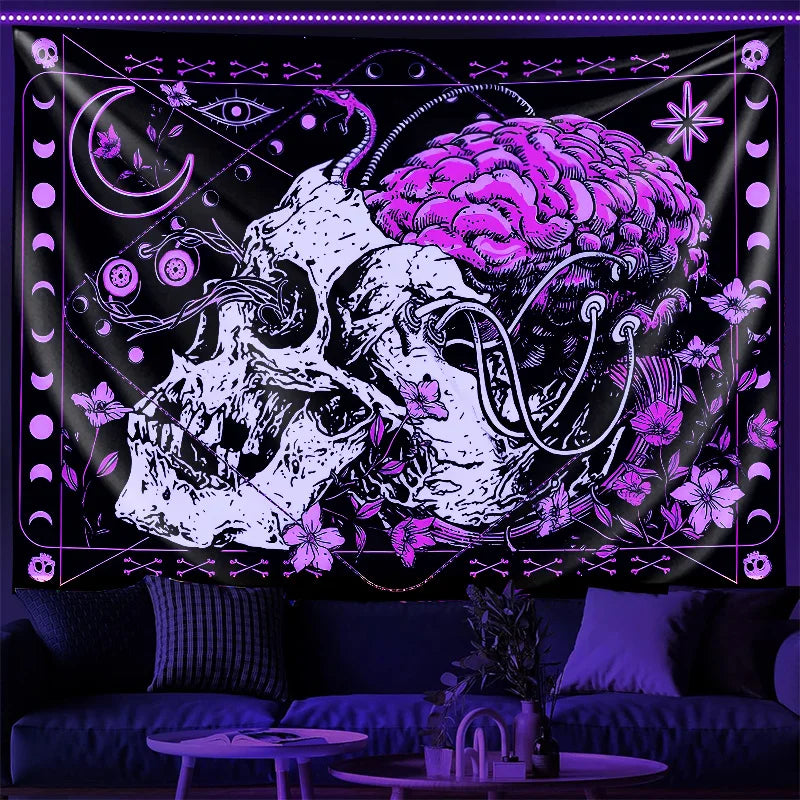 A dark tapestry featuring a stylized skull and brain design in purple and white tones.