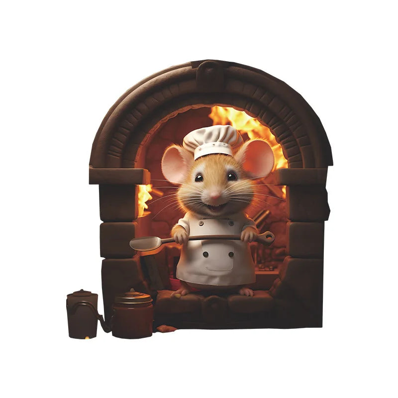 A cute mouse character wearing a chef's hat and apron is sitting in a wooden fireplace niche.