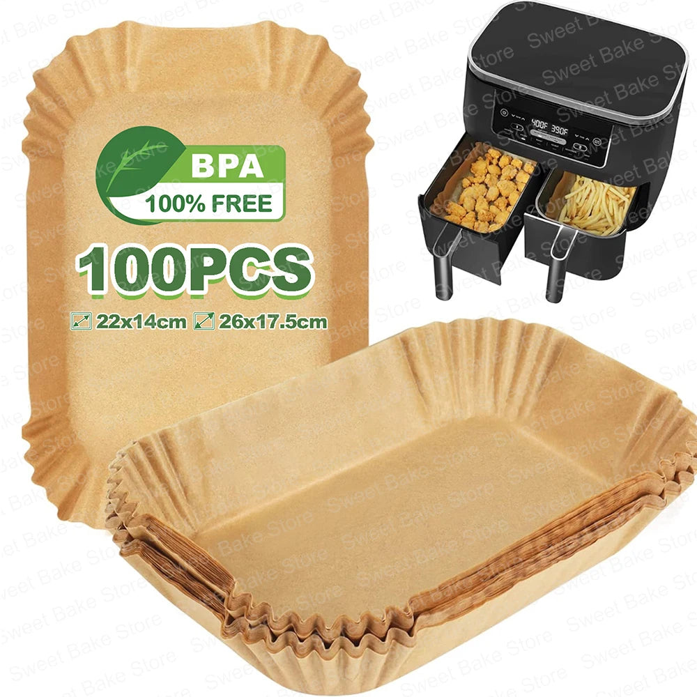 Disposable parchment paper liners for air fryers shown in a box and loose