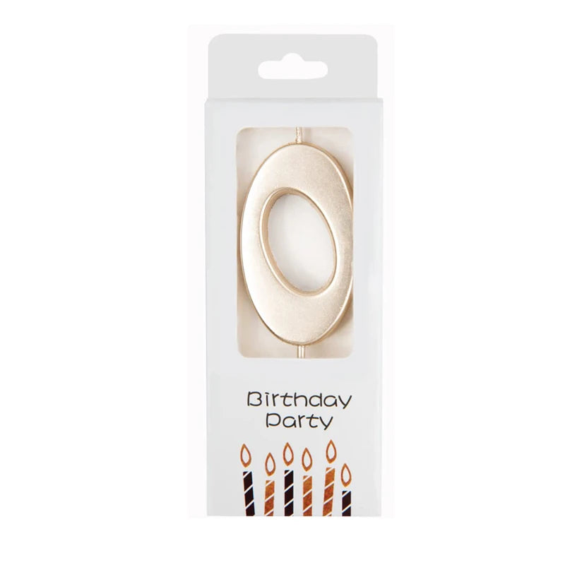 A gold oval number candle for birthday cakes and party decor inside a white cardboard packaging.