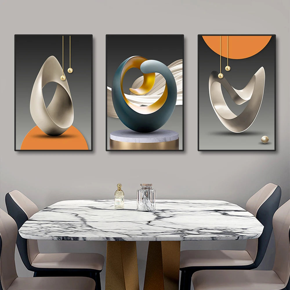 A set of three modern geometric canvas wall art pieces featuring abstract curved shapes in gold, blue-gray, and silver tones.