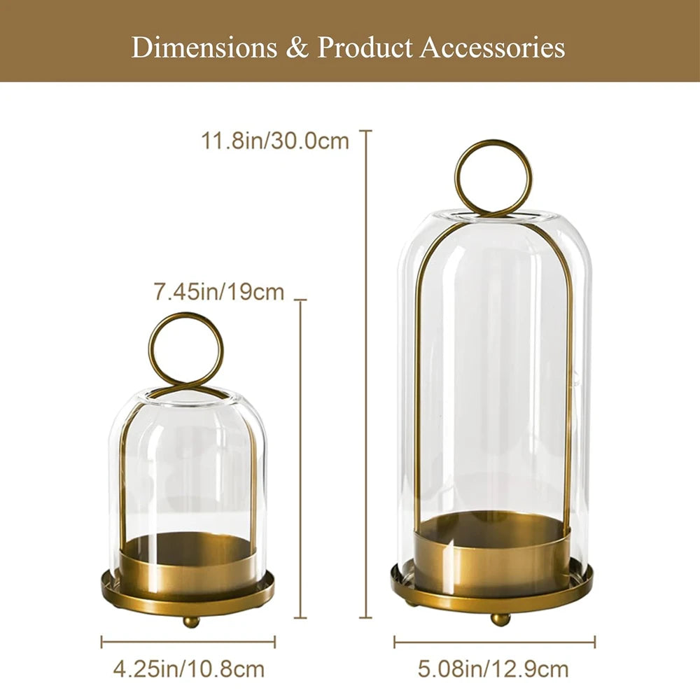 Antique brass metal candle holders with glass domes shown with dimensions and accessories.